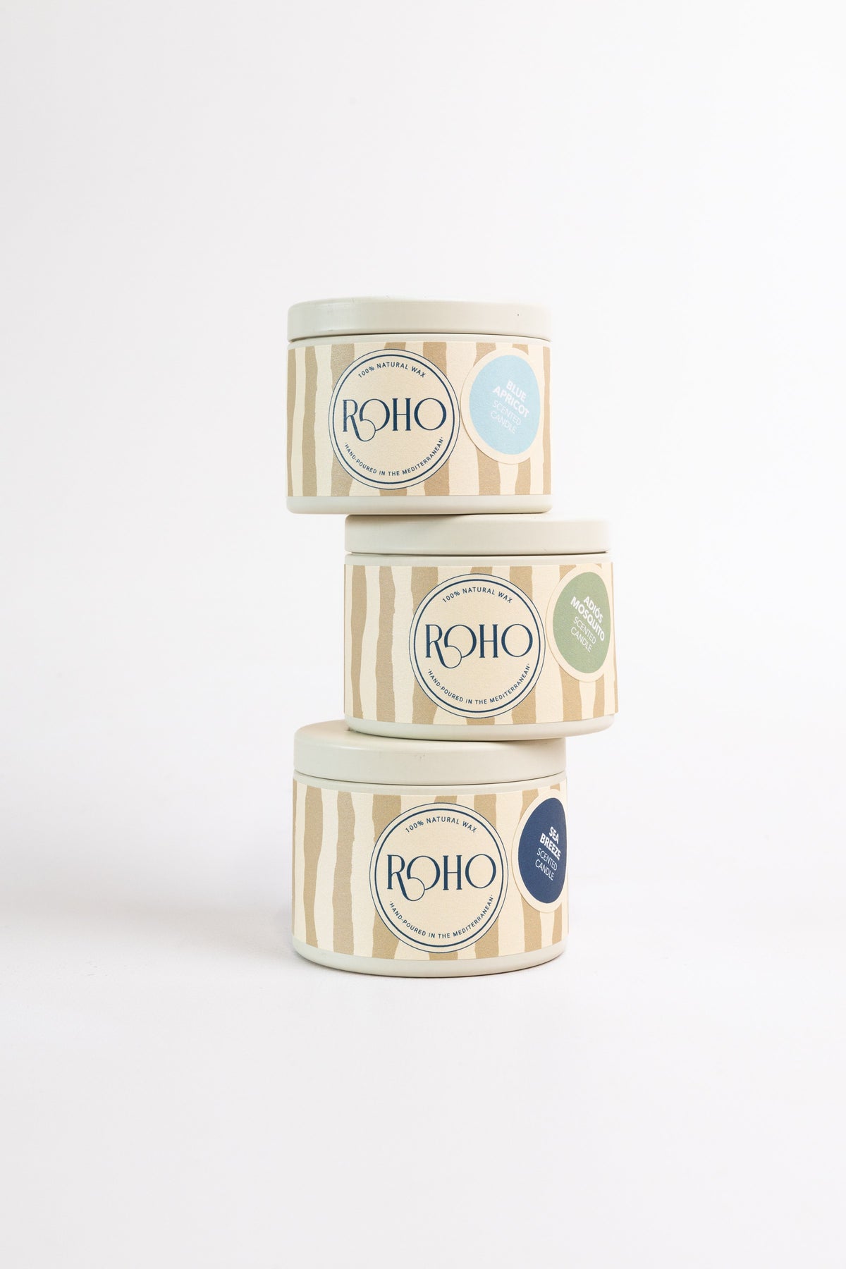ROHO Tester Set with three 90g scented candles in beige tins – Sea Breeze, Blue Apricot and Adiós Mosquito, hand-poured in Mallorca