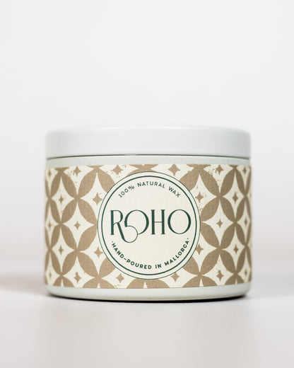 Scented Candle with a decorative patterned label on a white background. Winter Candle, Myrrh scent