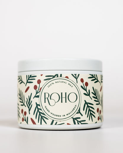 Scented Candle with a decorative patterned label on a white background. Winter Candle, Pine and Cedar scent, Winter candle, gift