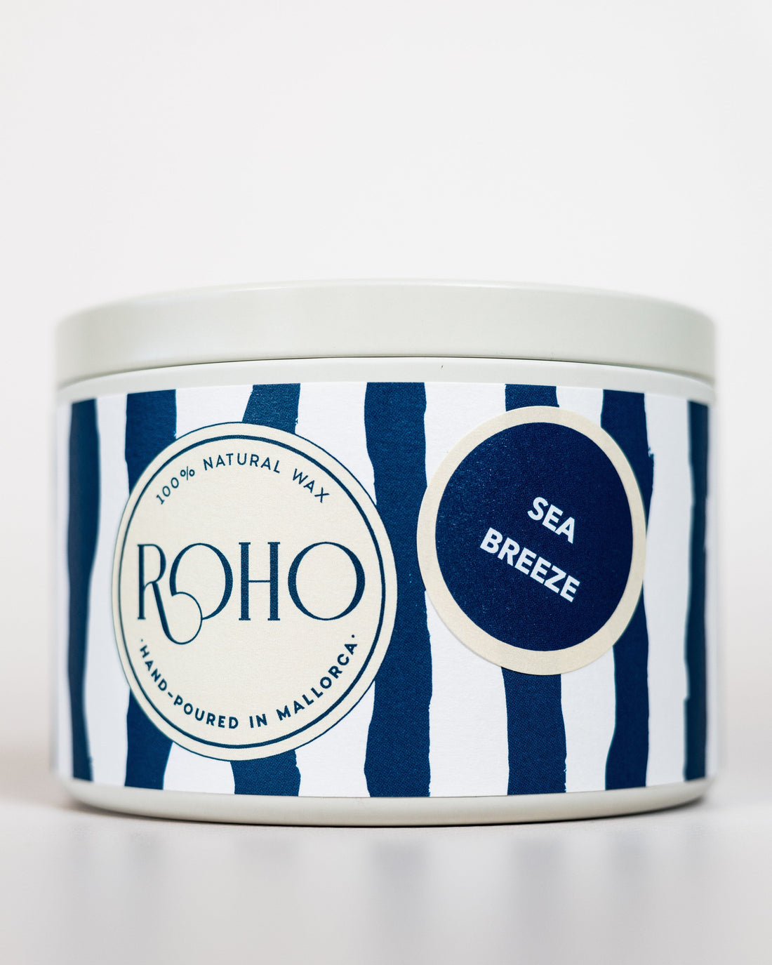 Scented Candle, Handmade in Mallorca in a tin with blue and white striped design and &