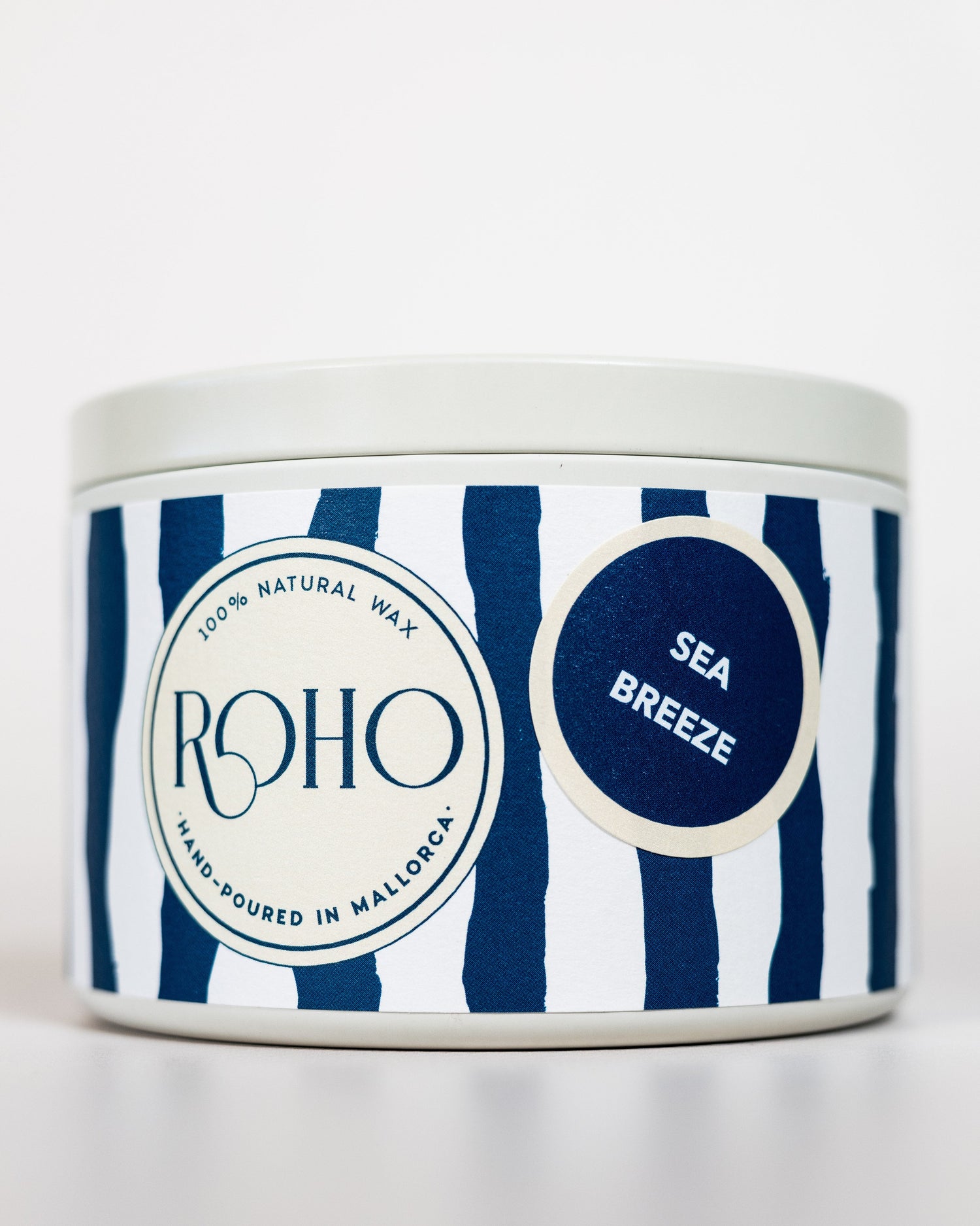 Scented Candle, Handmade in Mallorca in a tin with blue and white striped design and &