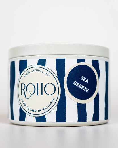 Scented Candle, Handmade in Mallorca in a tin with blue and white striped design and &