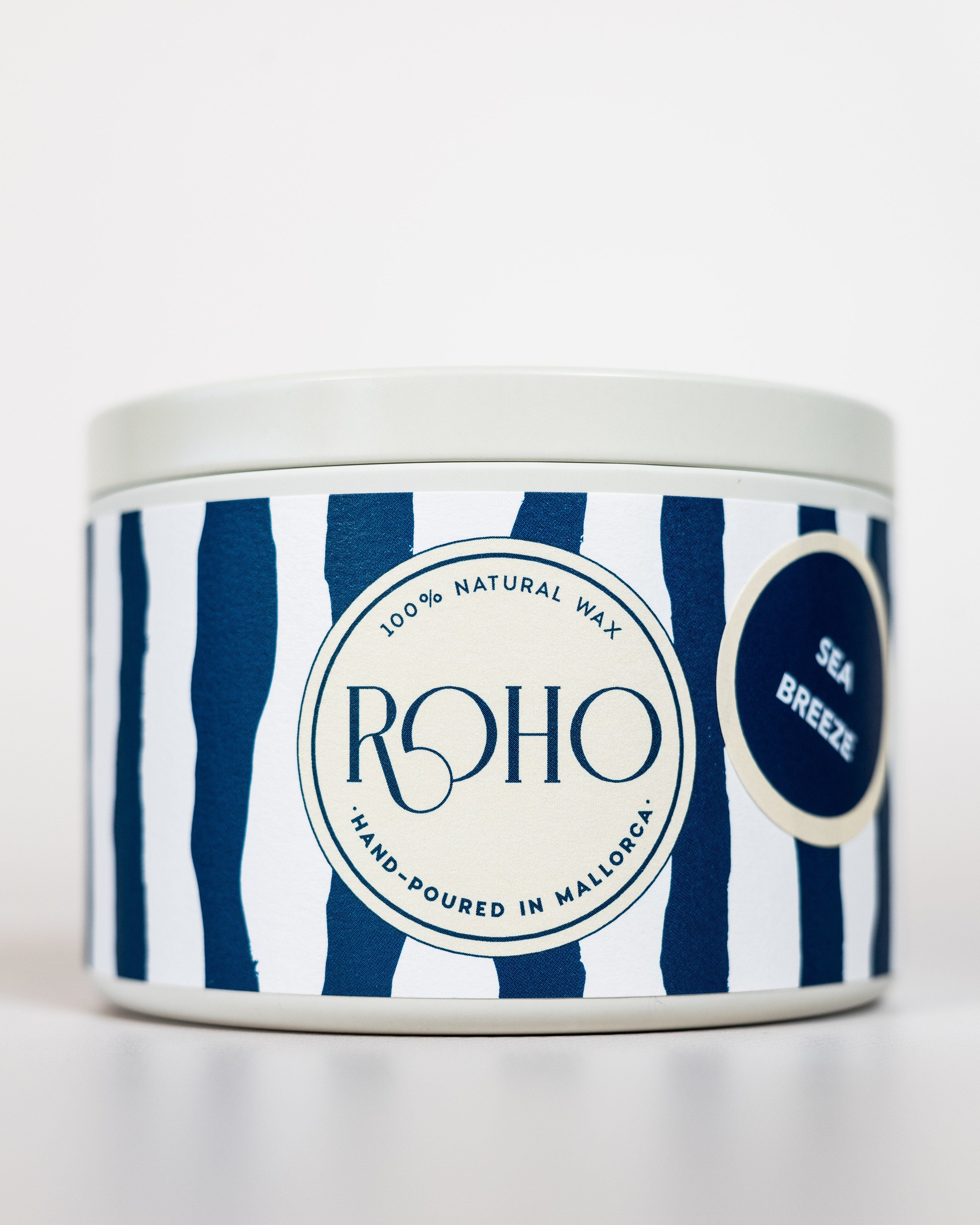 Scented Candle tin with blue and white striped design and &