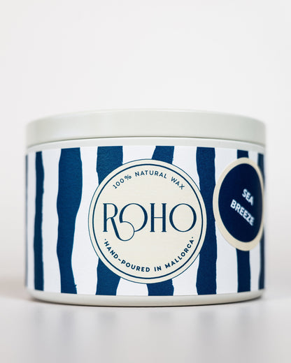 Scented Candle tin with blue and white striped design and &