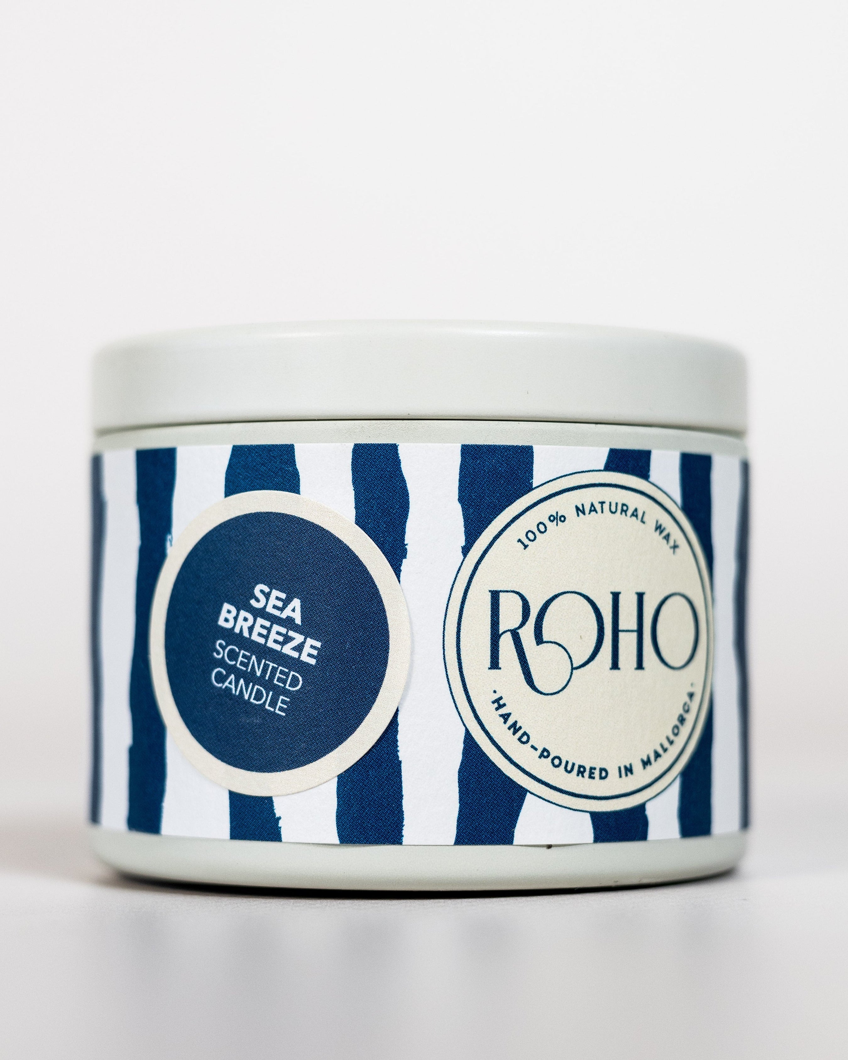 Scented Candle with blue and white striped design and &