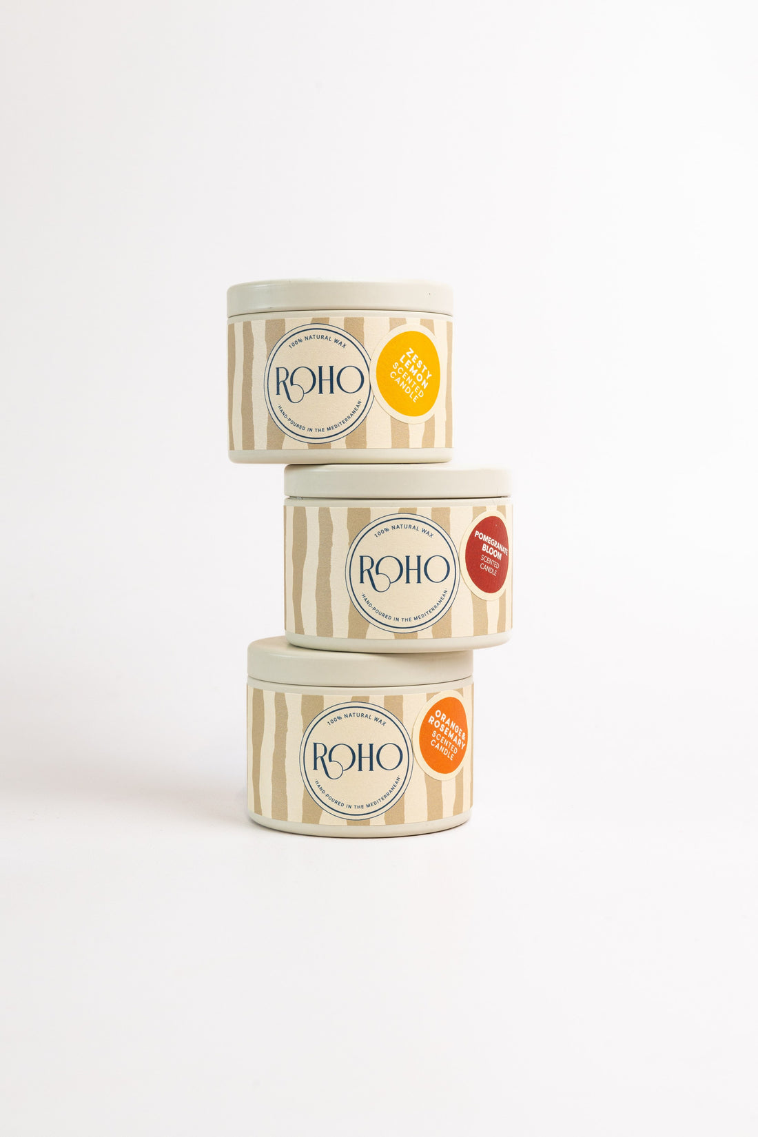 ROHO Alegria Sol Tester Set with three 90g scented candles in beige tins – Zesty Lemon, Pomegranate Bloom and Orange &amp; Rosemary, hand-poured in Mallorca