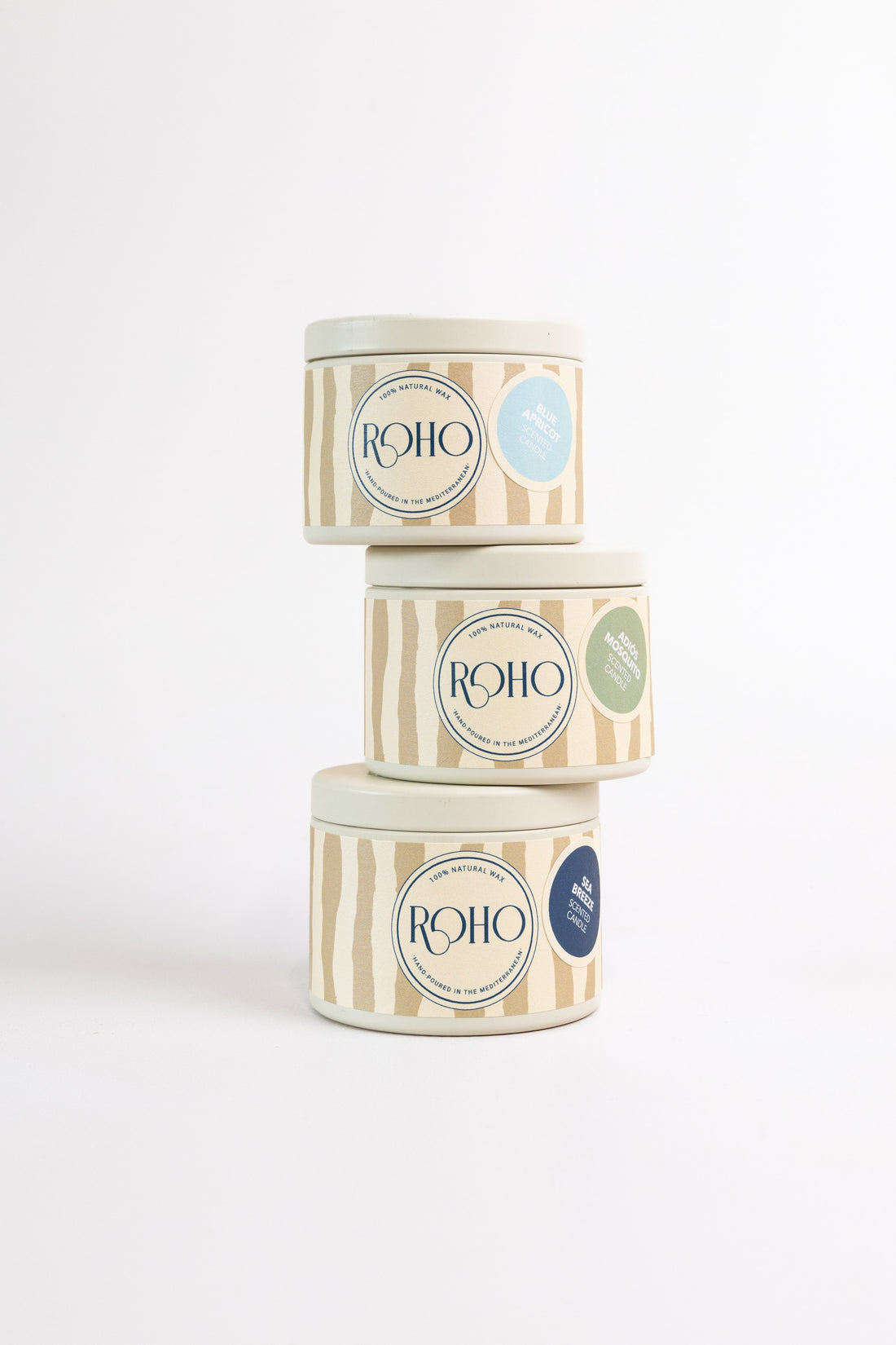 ROHO Tester Set with three 90g scented candles in beige tins – Sea Breeze, Blue Apricot and Adiós Mosquito, hand-poured in Mallorca