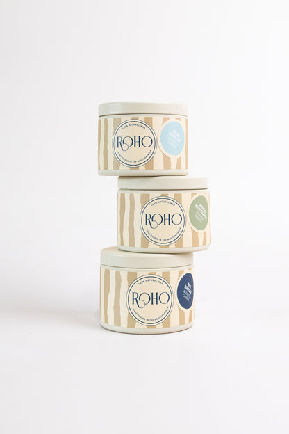 ROHO Tester Set with three 90g scented candles in beige tins – Sea Breeze, Blue Apricot and Adiós Mosquito, hand-poured in Mallorca