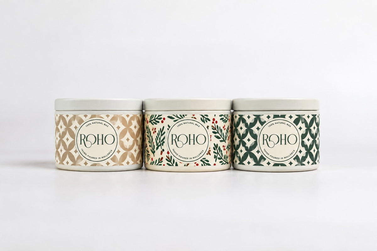 Three ROHO 90g winter candles side by side – Golden Myrrh, Jingle Smells and Orange &amp; Cinnamon