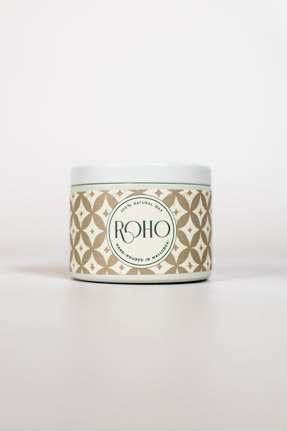 Golden Myrrh 90g scented candle in winter edition tin with beige pattern
